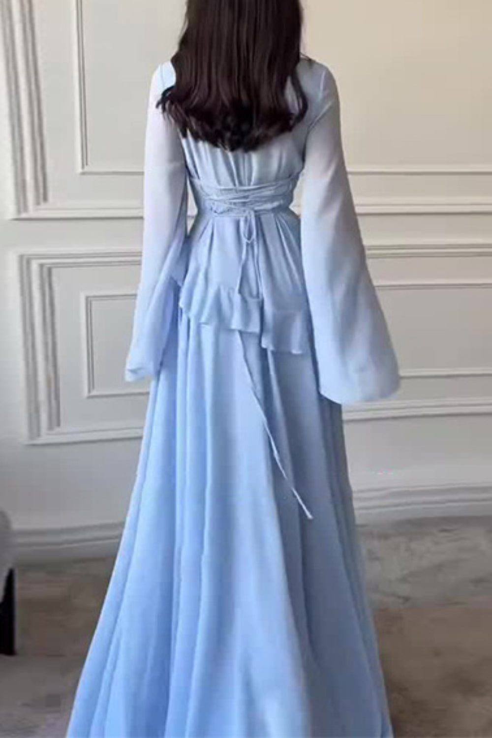 Semi-Sheer Asymmetric Ruffle Trim Flare Sleeve Tied Up Chiffon Maxi Dresses