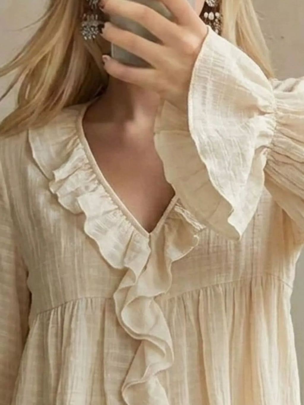 Ruffled V-Neck Flounce Sleeve Blouse