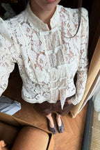 White Lace Stand‐Collared Shirt