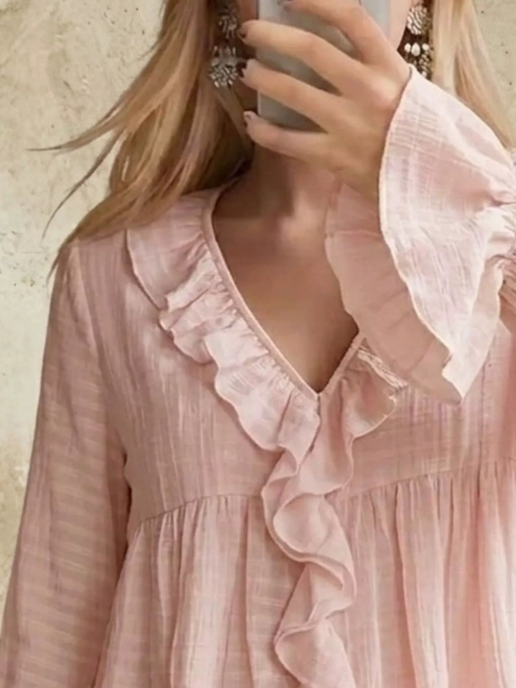 Ruffled V-Neck Flounce Sleeve Blouse