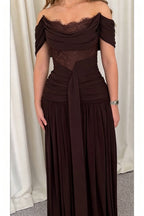 Maguire Chiffon Ruched Floral Lace Patchwork Off Shoulder Drape Gown Maxi Dress