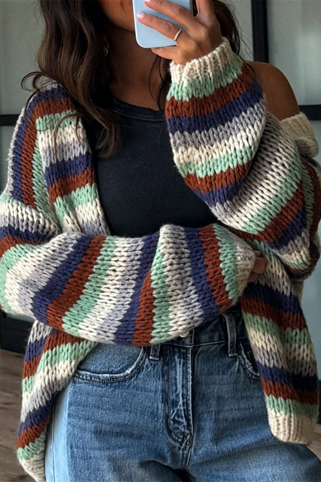 Olya Knit Colorful Stripes Long Balloon Sleeve Open Front Loose Cardigan