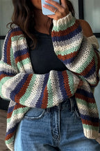 Olya Knit Colorful Stripes Long Balloon Sleeve Open Front Loose Cardigan