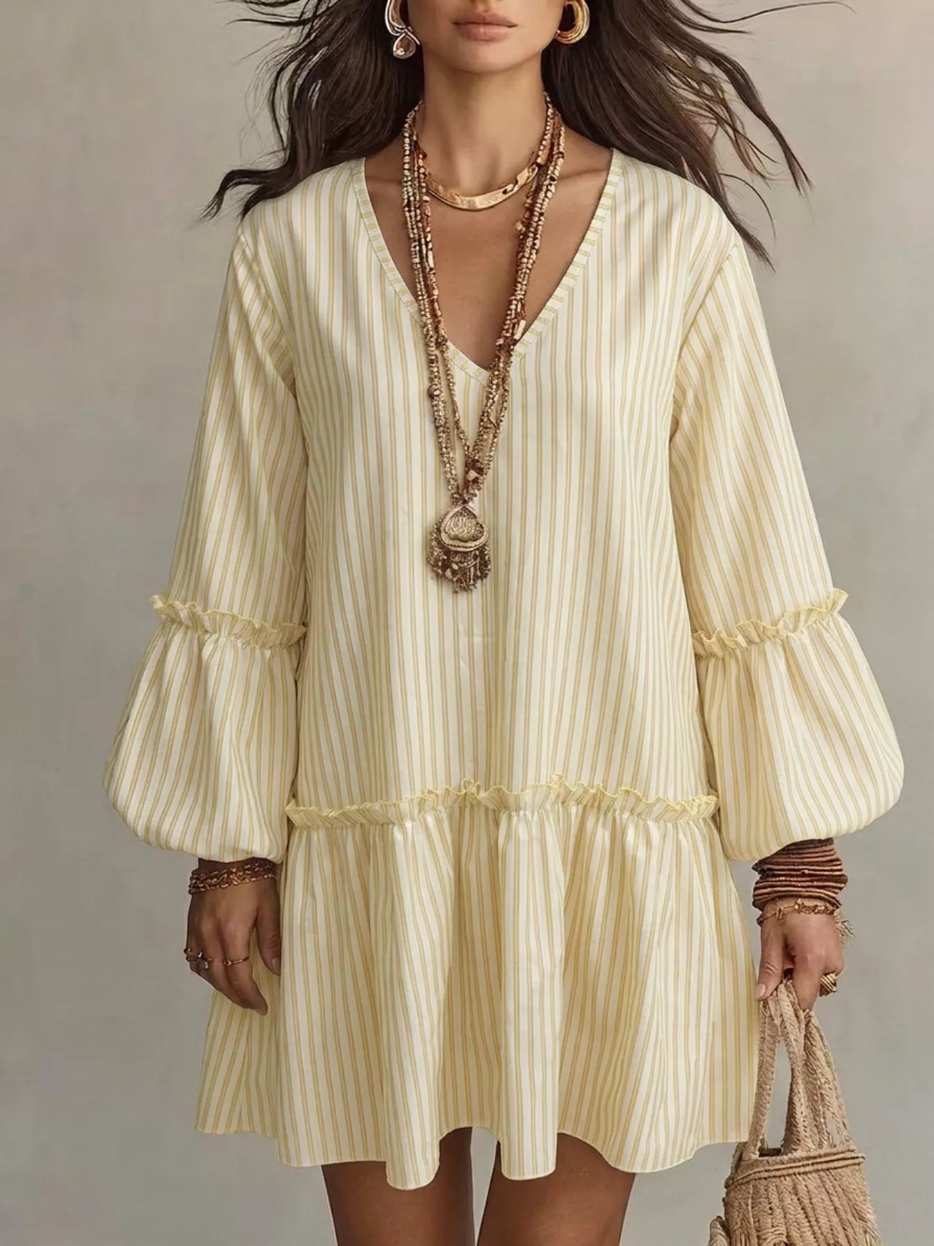 Full Size Striped Balloon Sleeve Mini Dress Plus Size