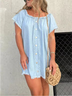 Full Size Off-Shoulder Button-Down Frayed Denim Dress Plus Size