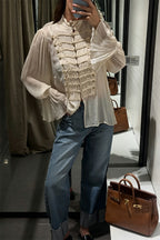 French Romantic Metal Button-down Pleated Ruffle Sleeve Napoleon Shirt