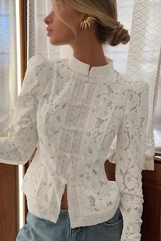White Lace Stand‐Collared Shirt