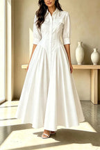 Elegant Linen Blend High Waisted Button Front Detail Pocket Shirt Umbrella Maxi Dress