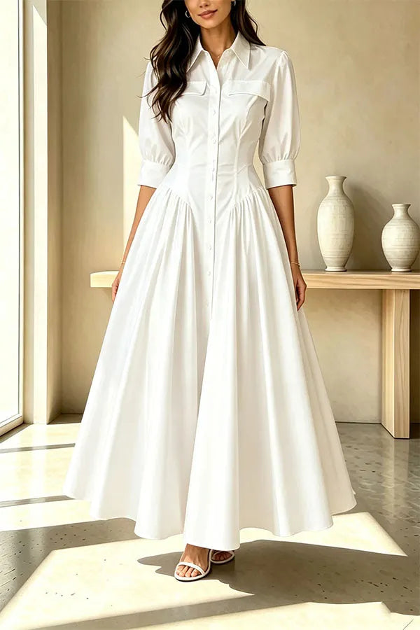 Elegant Linen Blend High Waisted Button Front Detail Pocket Shirt Umbrella Maxi Dress
