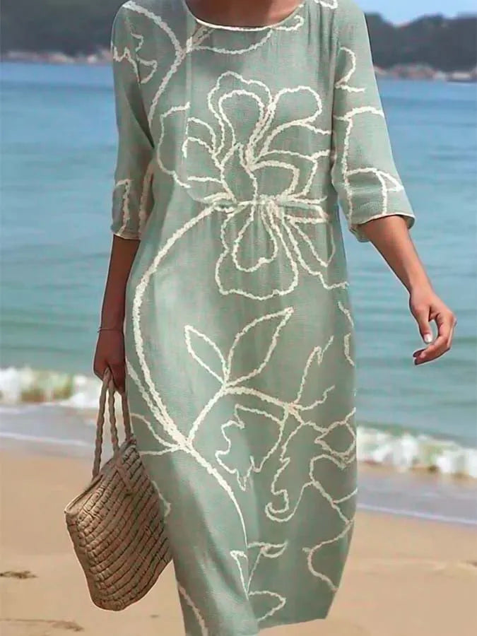 Women's Casual  Round Neck Mid Sleeve Print Cotton and Linen Dress