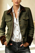 Vintage Herringbone Tweed Velvet Trim Button Up Pocket Long Sleeve Jacket
