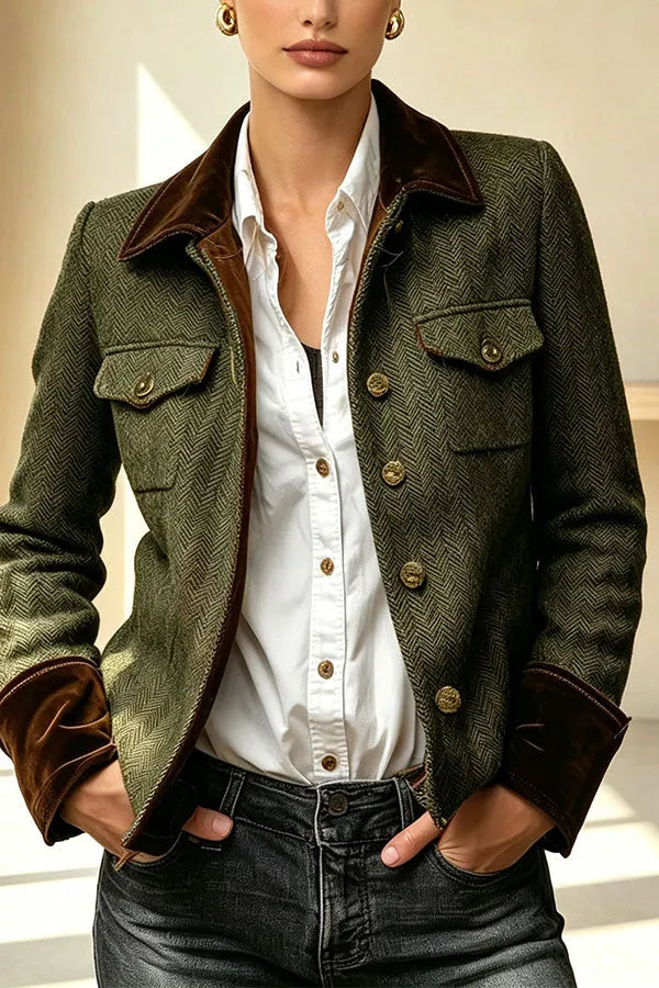 Vintage Herringbone Tweed Velvet Trim Button Up Pocket Long Sleeve Jacket