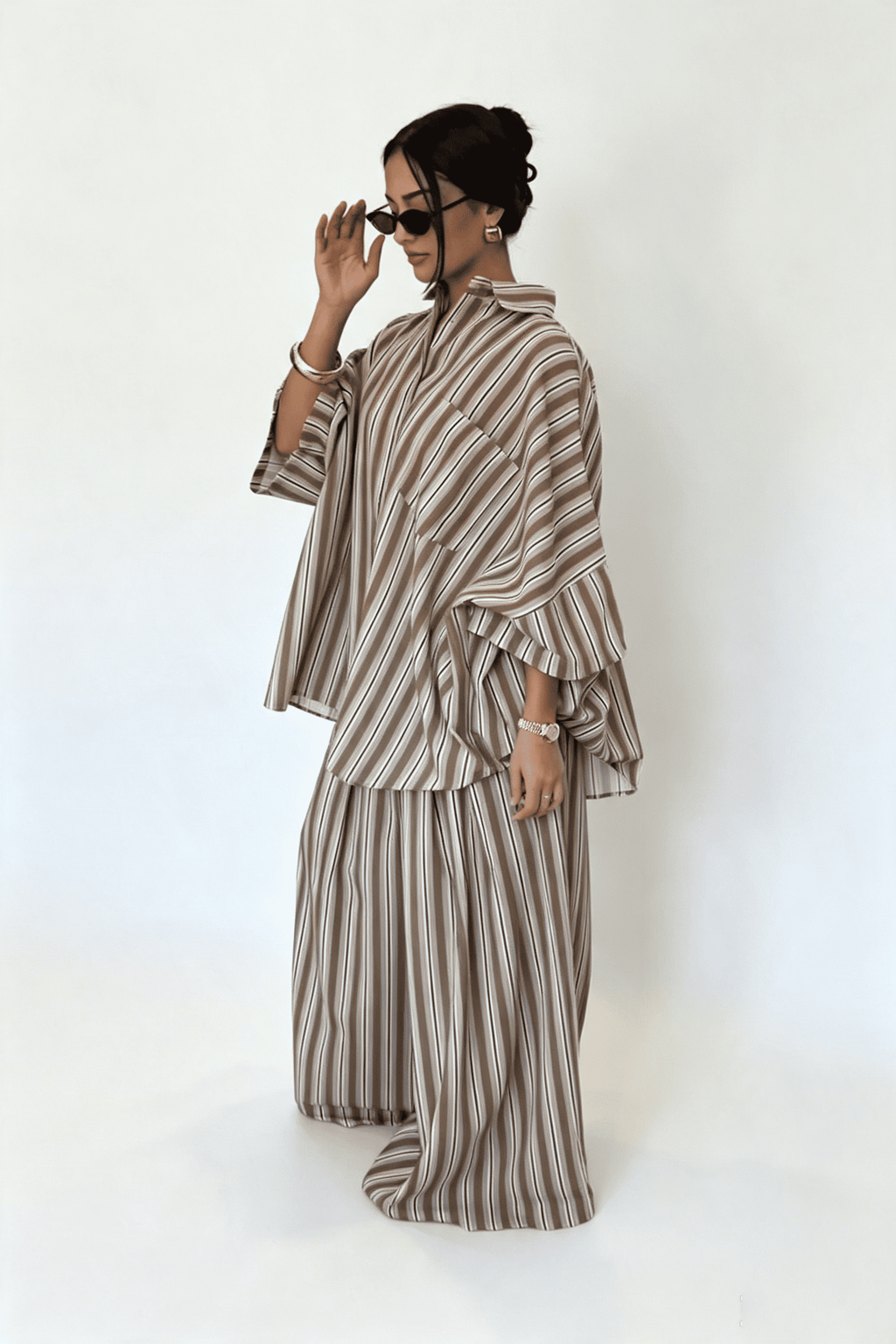 Brown Casual Stripe Pants Set