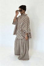 Brown Casual Stripe Pants Set