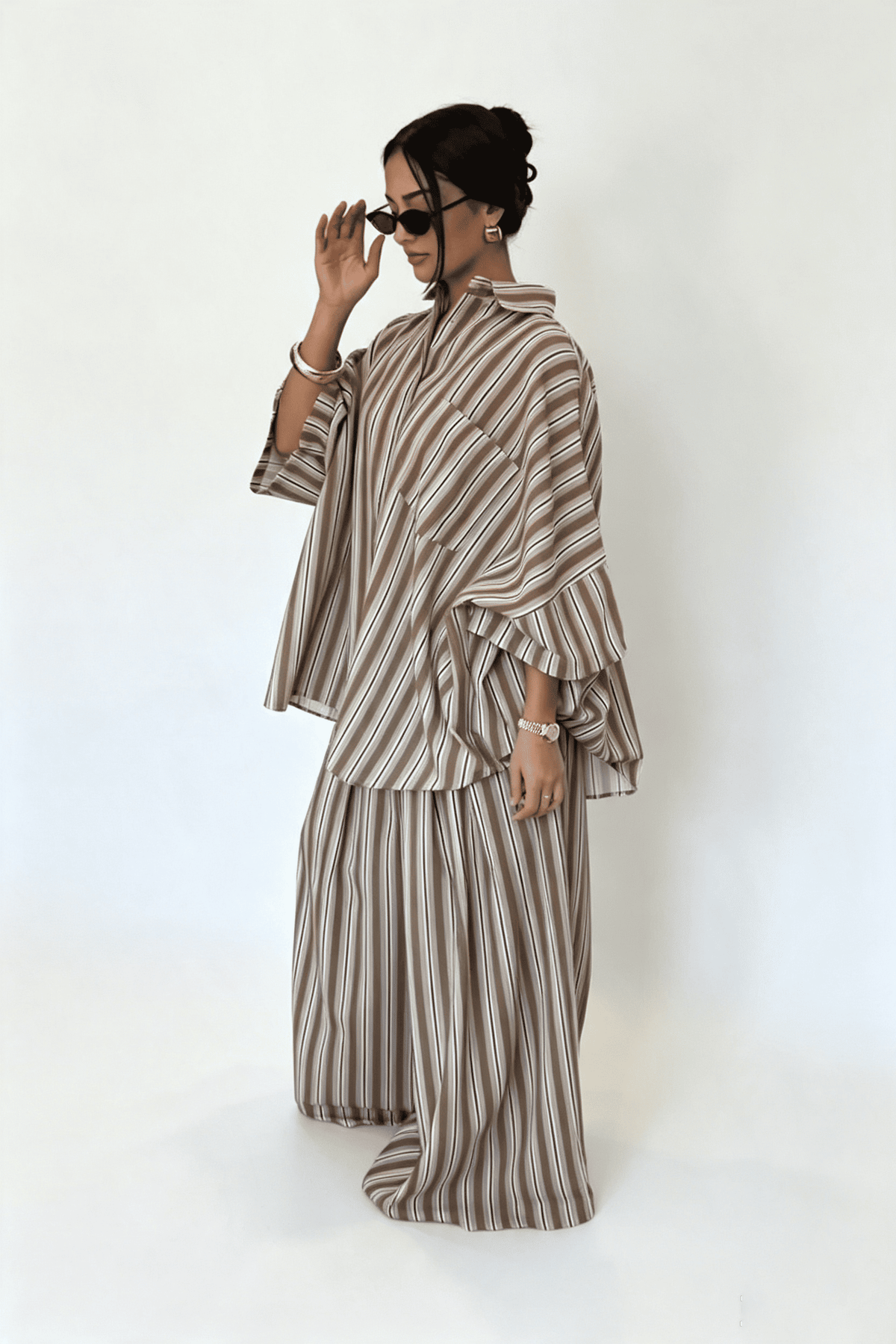 Brown Casual Stripe Pants Set