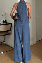 Halter Neck Top and Wide-Leg Pants Set
