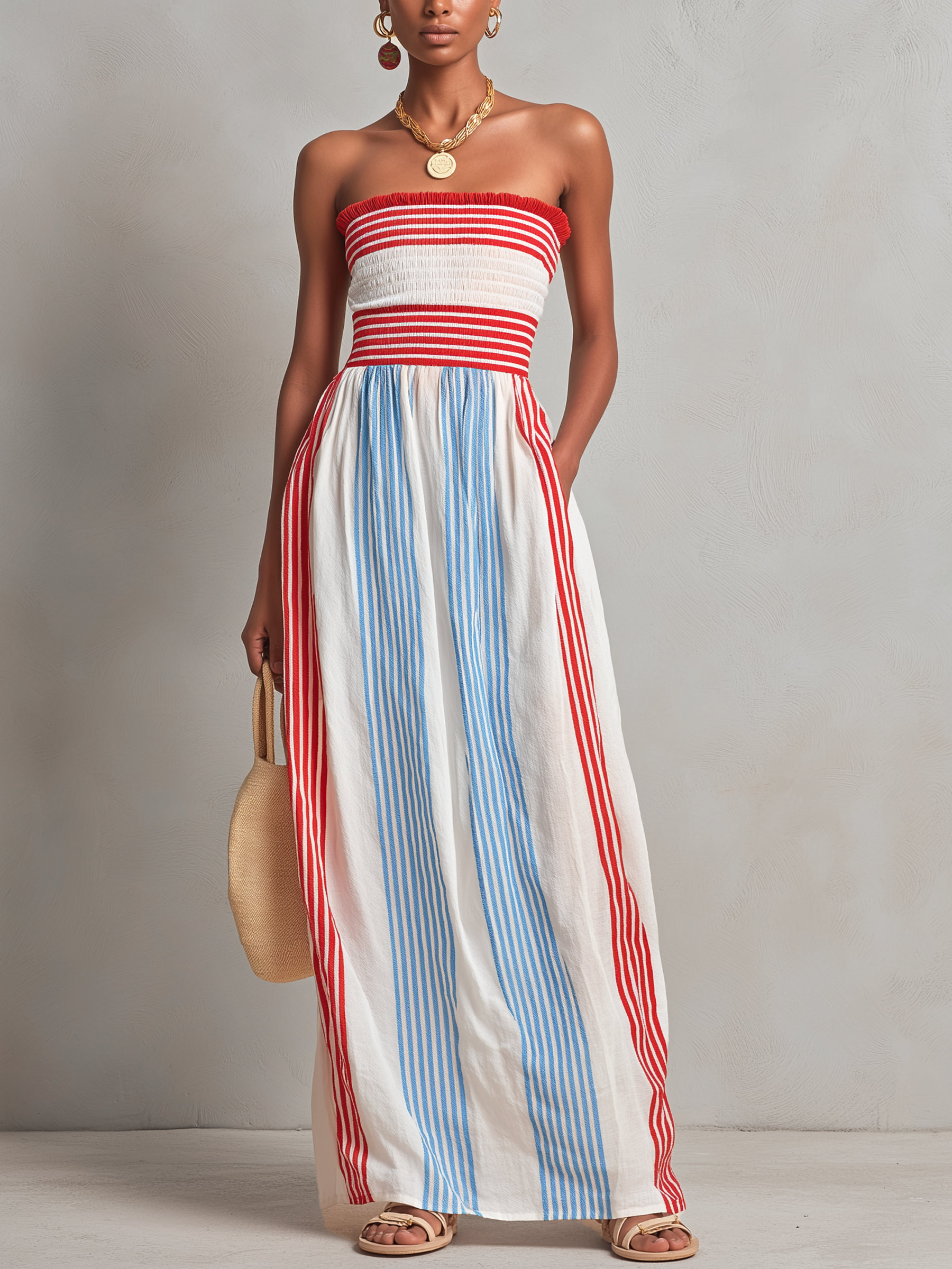Red & Blue Striped Smocked Strapless Maxi Dress