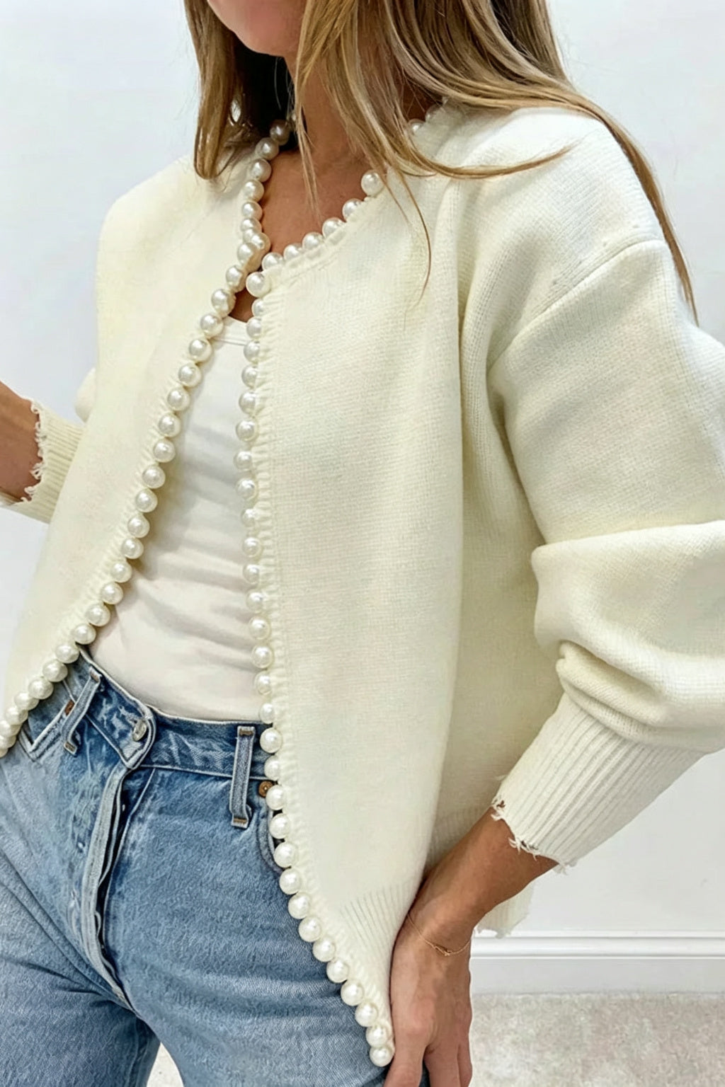 Elegant Chic Knit Pearls Trim Long Sleeve Relaxed Cardigan