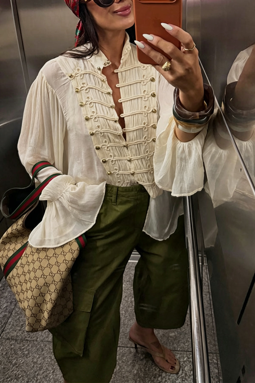 French Romantic Metal Button-down Pleated Ruffle Sleeve Napoleon Shirt