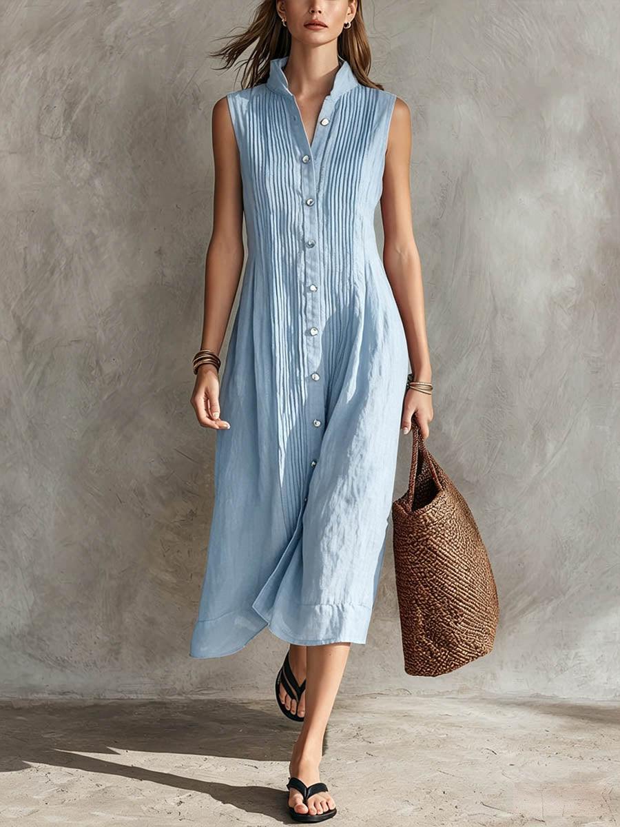 Women's Solid-color Stand-collar Sleeveless Casual Loose Pleated Cotton-linen Dress