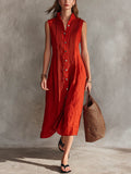 Women's Solid-color Stand-collar Sleeveless Casual Loose Pleated Cotton-linen Dress