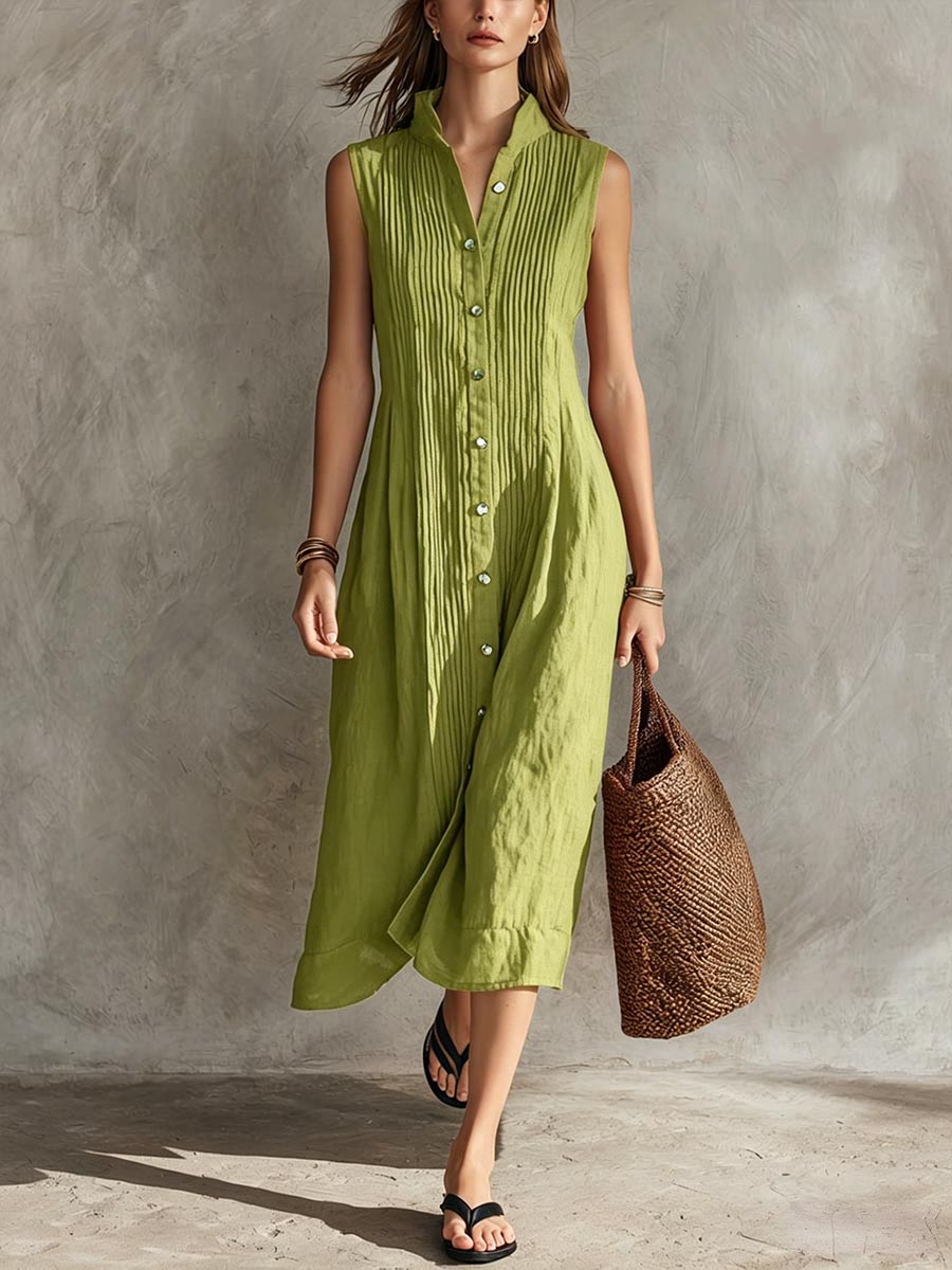 Women's Solid-color Stand-collar Sleeveless Casual Loose Pleated Cotton-linen Dress